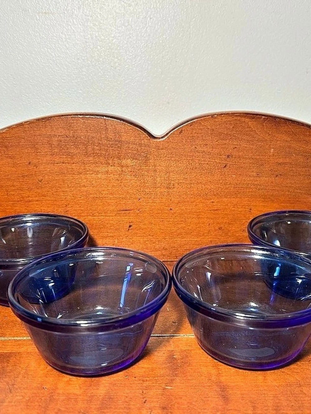Quantity 4 - Blue Glass 6 oz Custard Cups USA 4” diameter x 2” tall